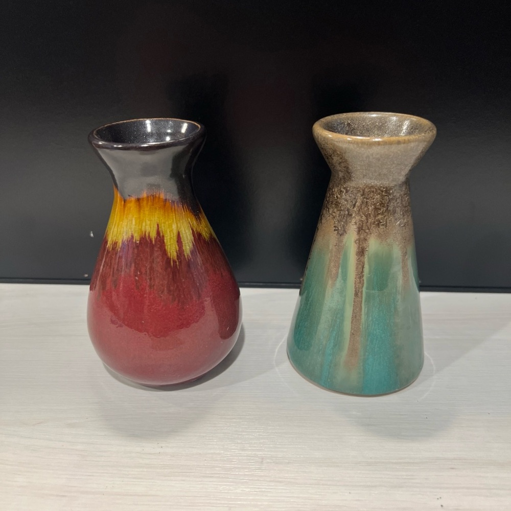 Art Pottery Drip Glaze Vases Burgundy Brown Green Gold Both Approx 4.5”‎ Height